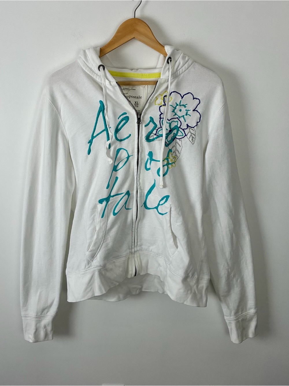 Aeropostale 2009 White Floral Embroidered Zip Up Hoodie Y2K Cozy XL